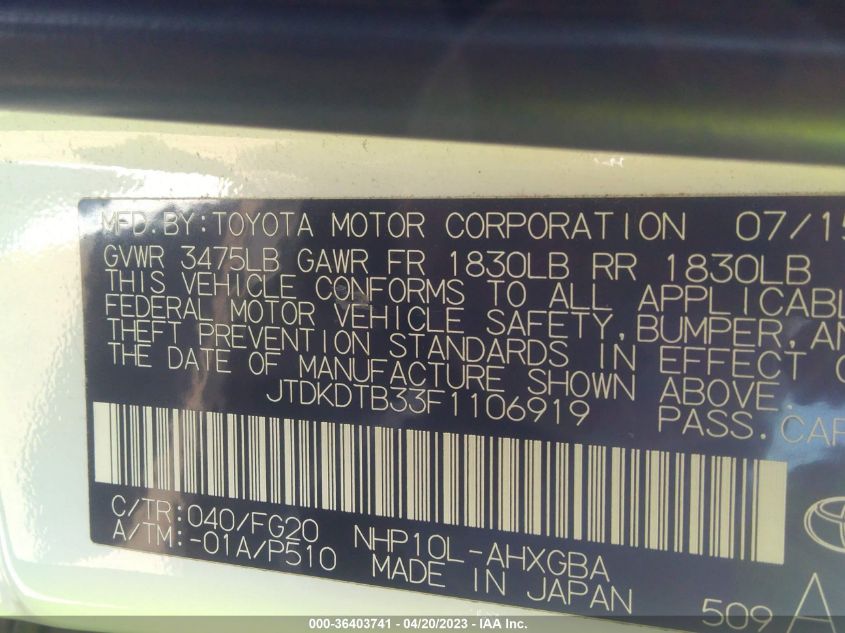 2015 TOYOTA PRIUS C ONE/TWO/THREE/FOUR - JTDKDTB33F1106919