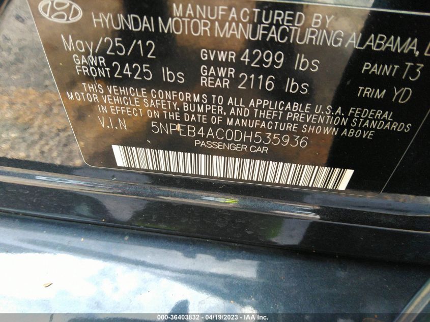 VIN 5NPEB4AC0DH535936 2013 HYUNDAI SONATA no.9