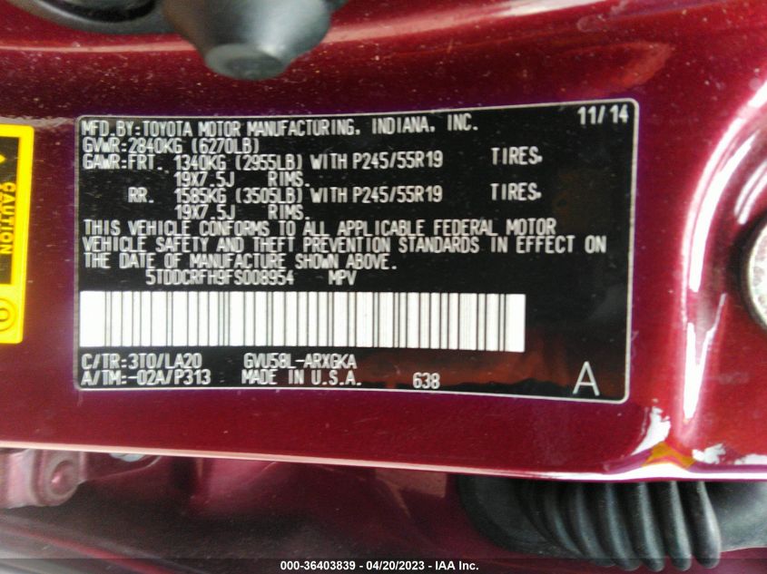 2015 TOYOTA HIGHLANDER HYBRID LIMITED - 5TDDCRFH9FS008954
