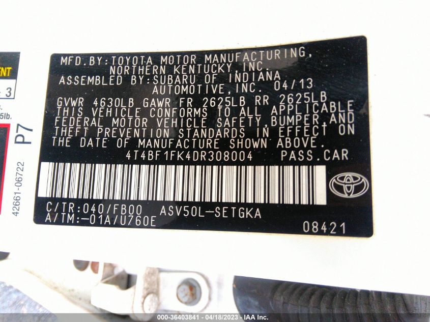 2013 TOYOTA CAMRY L/LE/SE/XLE - 4T4BF1FK4DR308004