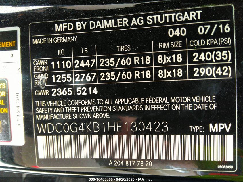 2017 MERCEDES-BENZ GLC GLC 300 - WDC0G4KB1HF130423
