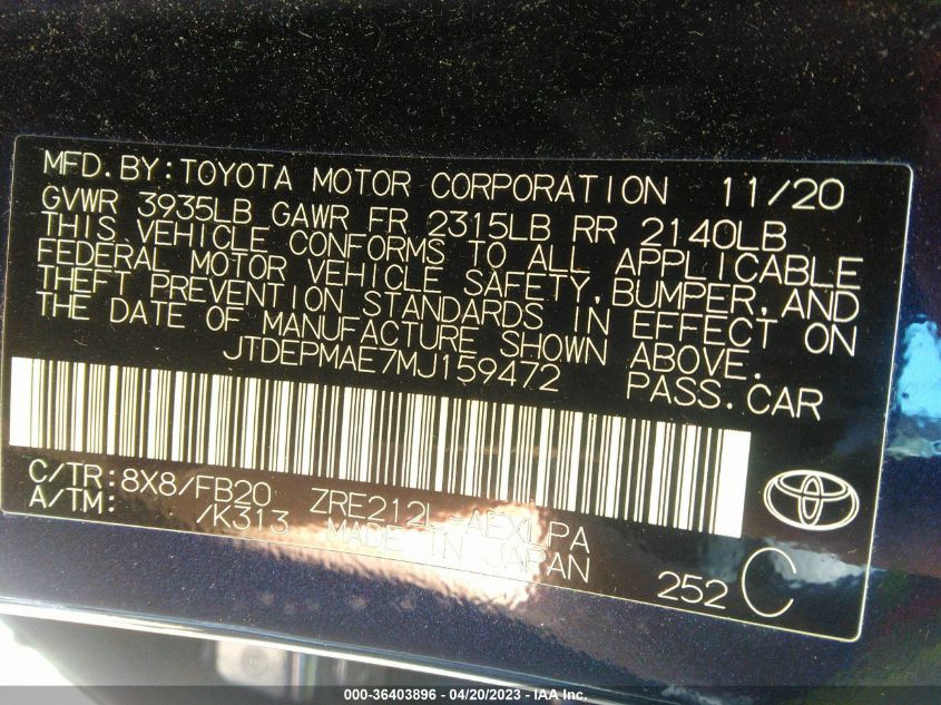 2021 TOYOTA COROLLA LE - JTDEPMAE7MJ159472