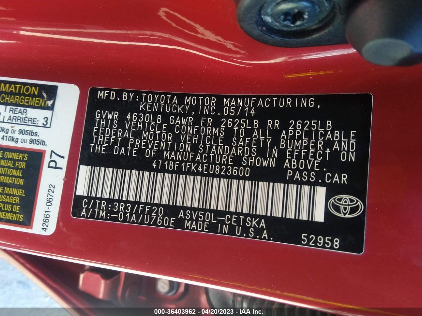 2014 TOYOTA CAMRY L/LE/XLE/SE/SE SPORT - 4T1BF1FK4EU823600
