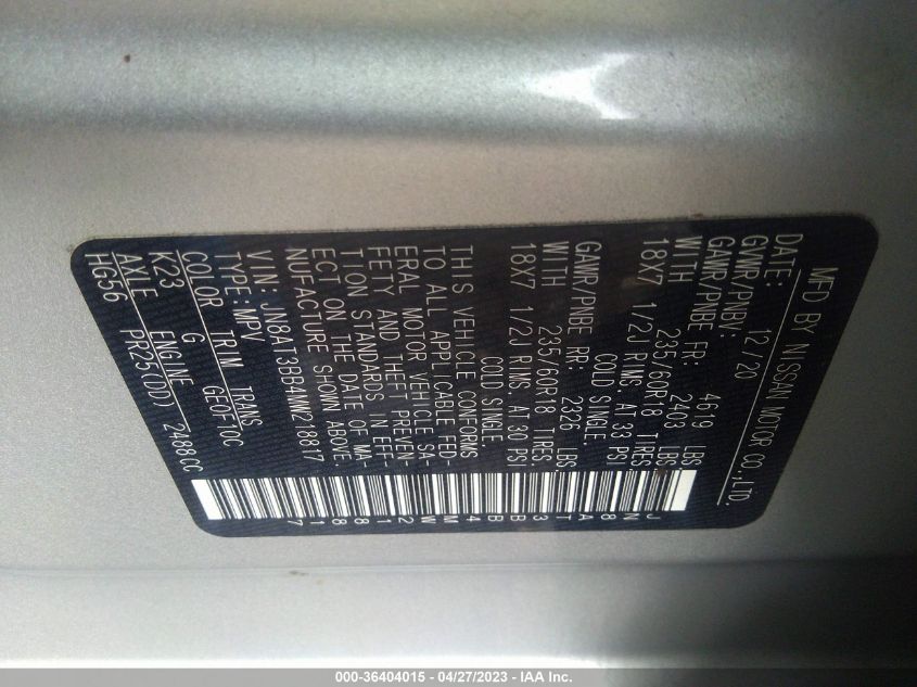 2021 NISSAN ROGUE SV - JN8AT3BB4MW218817