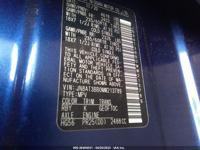 2021 NISSAN ROGUE SV - JN8AT3BB0MW213789