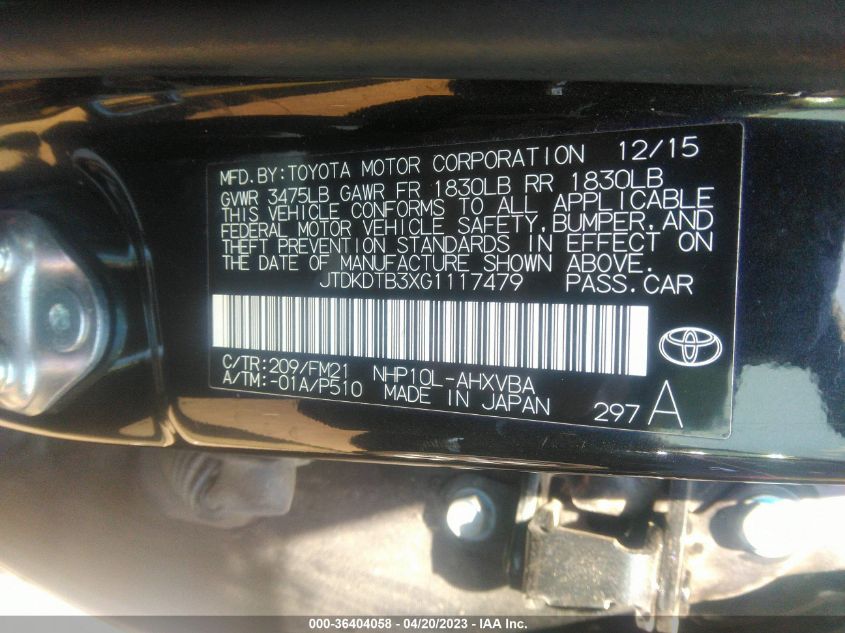 2016 TOYOTA PRIUS C ONE/TWO/THREE/FOUR - JTDKDTB3XG1117479