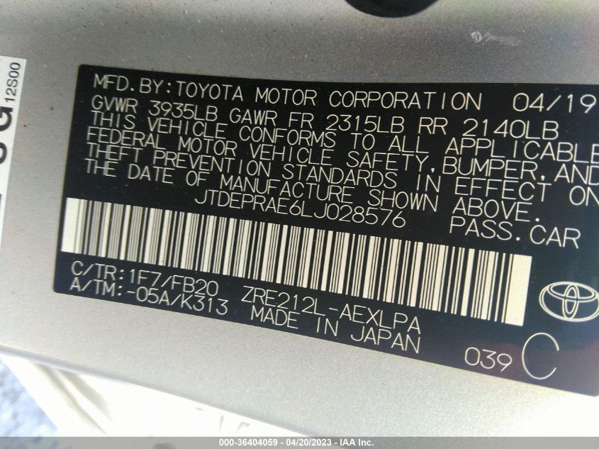 2020 TOYOTA COROLLA LE - JTDEPRAE6LJ028576