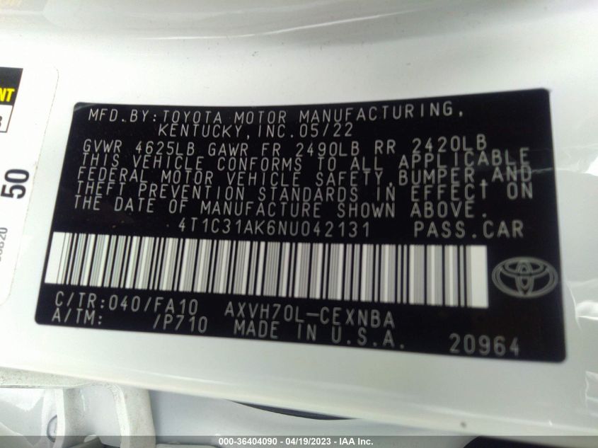 2022 TOYOTA CAMRY HYBRID LE - 4T1C31AK6NU042131