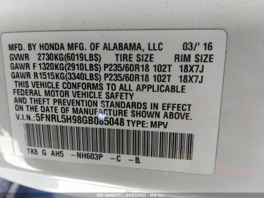 2016 HONDA ODYSSEY TOURING - 5FNRL5H98GB085048