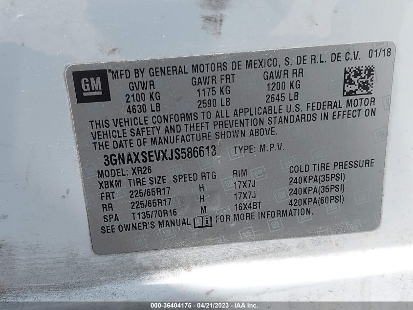 2018 CHEVROLET EQUINOX LT - 3GNAXSEVXJS586613