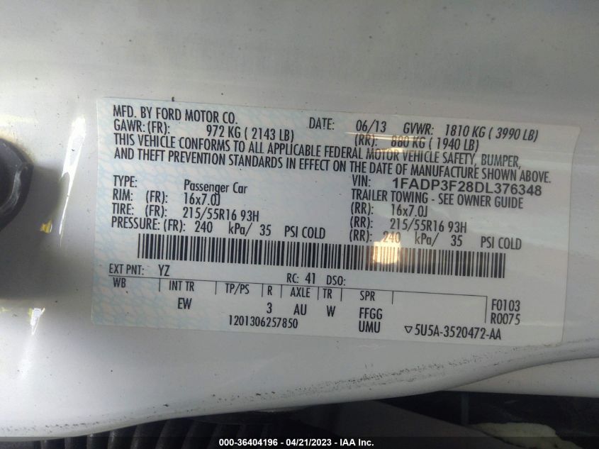 2013 FORD FOCUS SE - 1FADP3F28DL376348