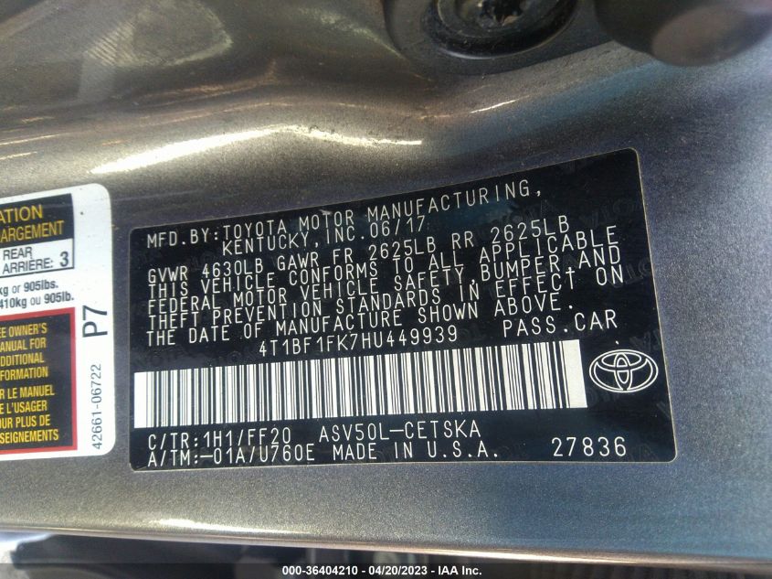 2017 TOYOTA CAMRY XLE/SE/LE/XSE - 4T1BF1FK7HU449939