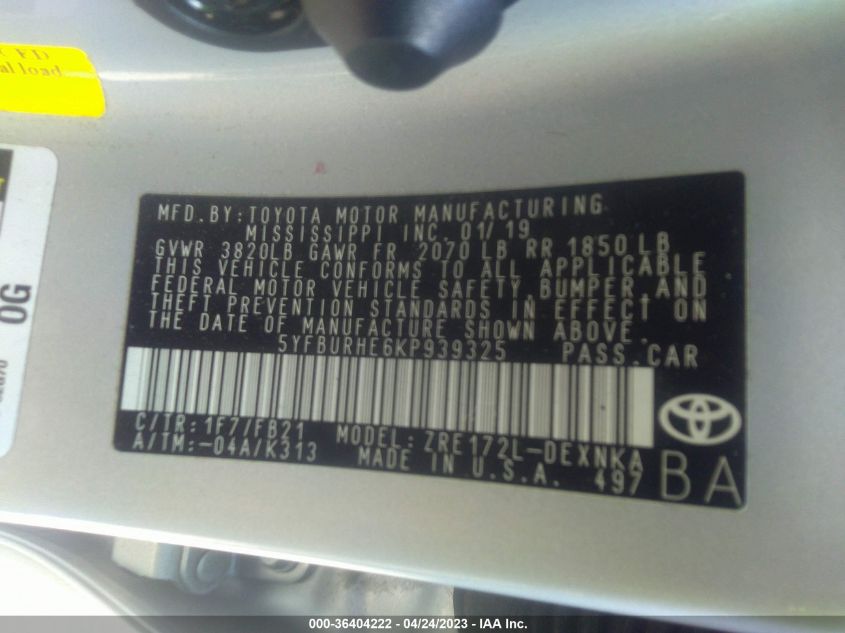 2019 TOYOTA COROLLA L/LE/SE/XLE/XSE - 5YFBURHE6KP939325