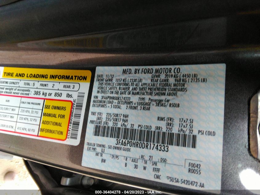 2013 FORD FUSION SE - 3FA6P0HR0DR174333