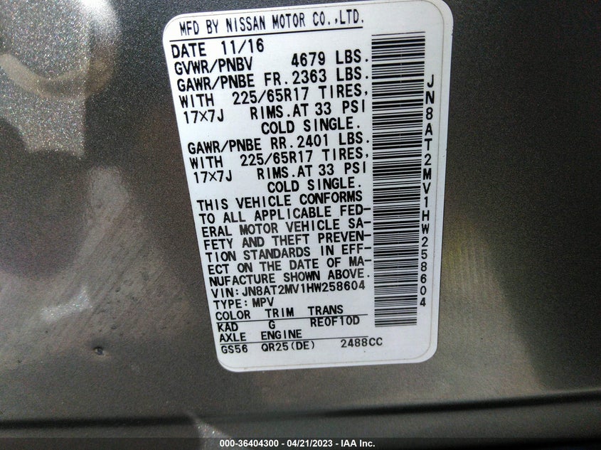 VIN JN8AT2MV1HW258604 2017 NISSAN ROGUE SV