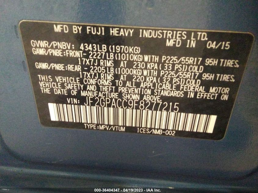 2015 SUBARU XV CROSSTREK PREMIUM - JF2GPACC9F8277215