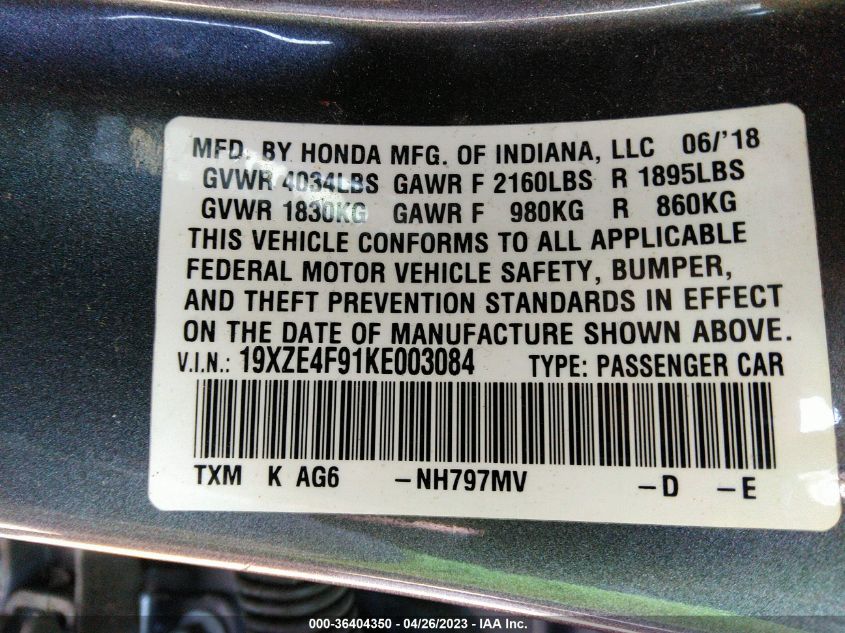 2019 HONDA INSIGHT TOURING 19XZE4F91KE003084