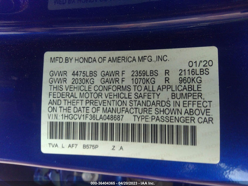 VIN 1HGCV1F36LA048687 2020 HONDA ACCORD SEDAN SPORT