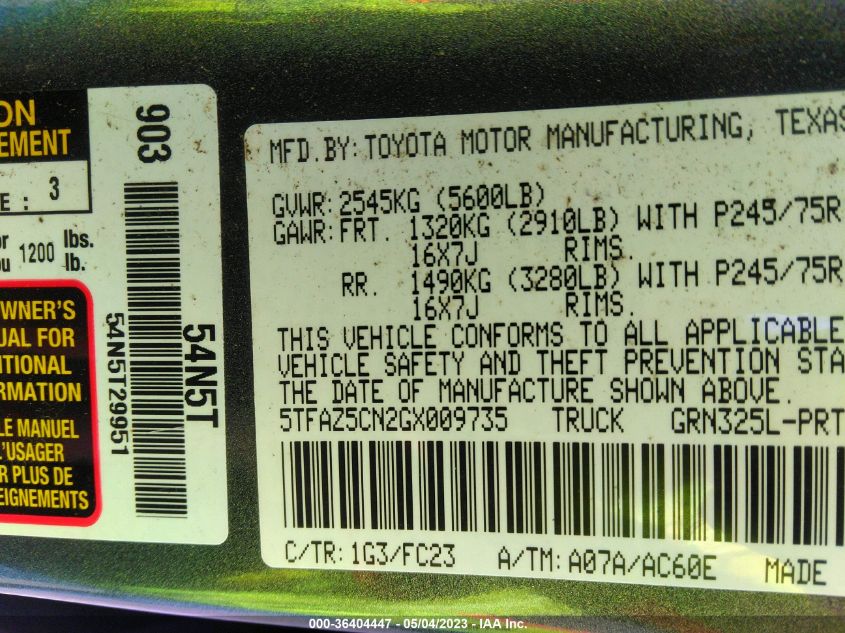 2016 TOYOTA TACOMA SR5 - 5TFAZ5CN2GX009735