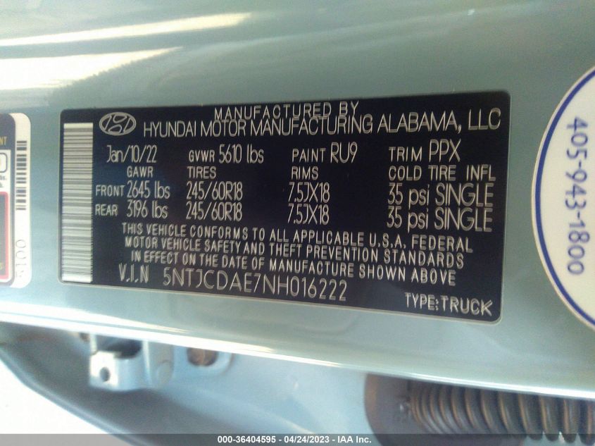 2022 HYUNDAI SANTA CRUZ SEL - 5NTJCDAE7NH016222