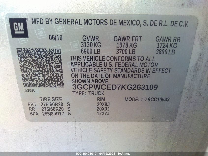 2019 CHEVROLET SILVERADO 1500 LT - 3GCPWCED7KG263109