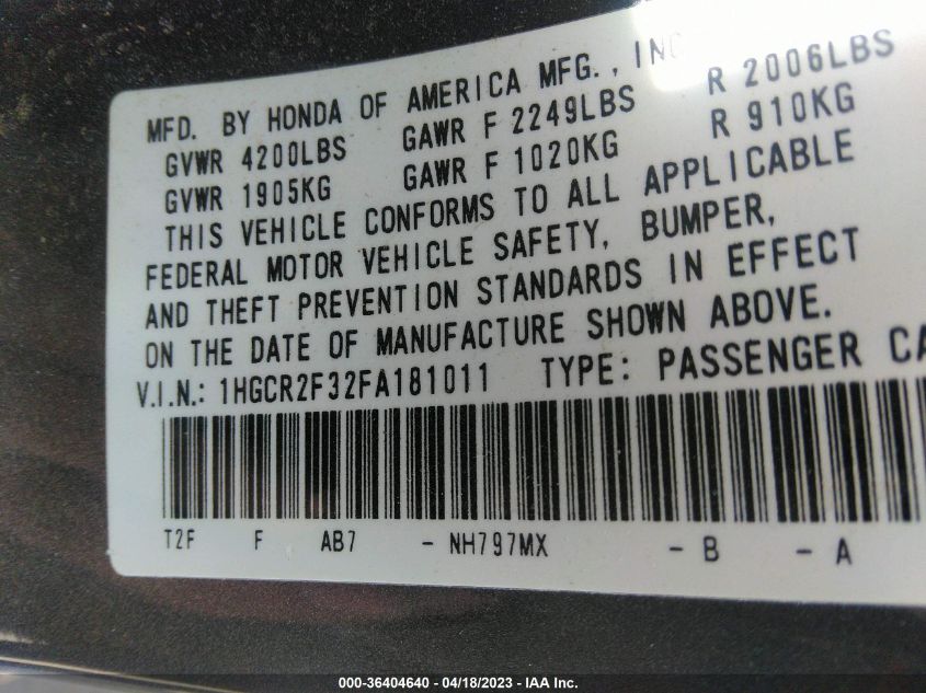 2015 HONDA ACCORD SEDAN LX - 1HGCR2F32FA181011
