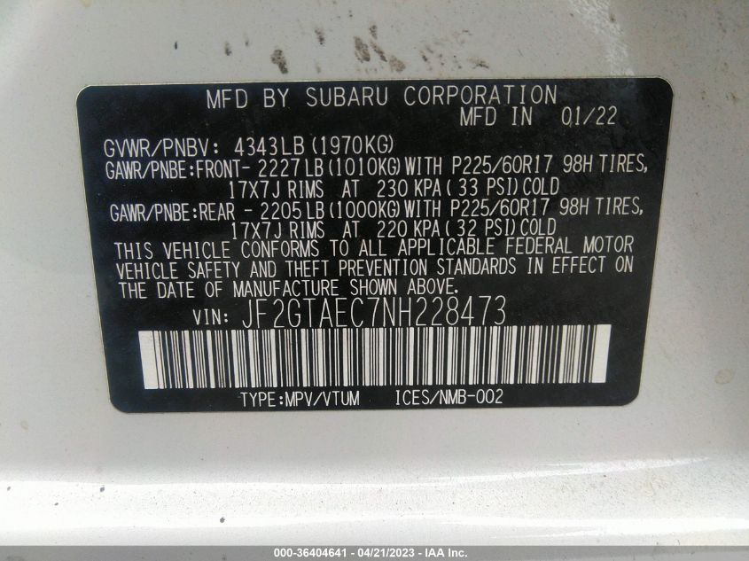 2022 SUBARU CROSSTREK PREMIUM - JF2GTAEC7NH228473