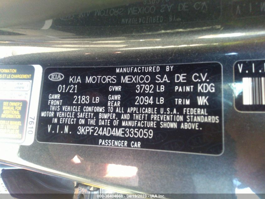 2021 KIA FORTE LXS - 3KPF24AD4ME335059