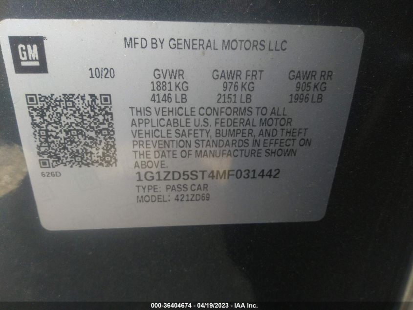 2021 CHEVROLET MALIBU LT - 1G1ZD5ST4MF031442
