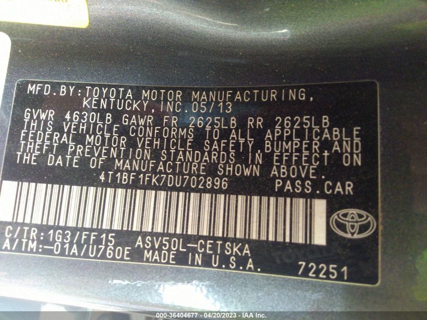 2013 TOYOTA CAMRY L/LE/SE/XLE - 4T1BF1FK7DU702896