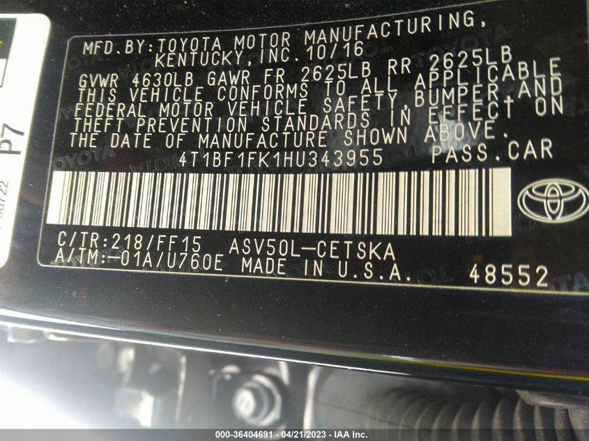 2017 TOYOTA CAMRY XLE/SE/LE/XSE - 4T1BF1FK1HU343955
