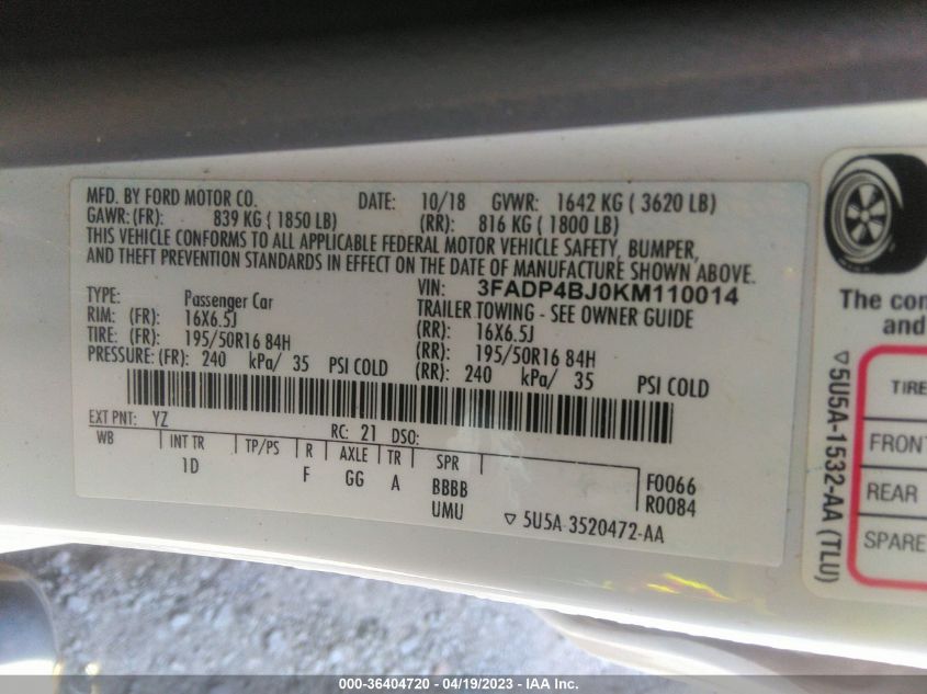 2019 FORD FIESTA SE - 3FADP4BJ0KM110014