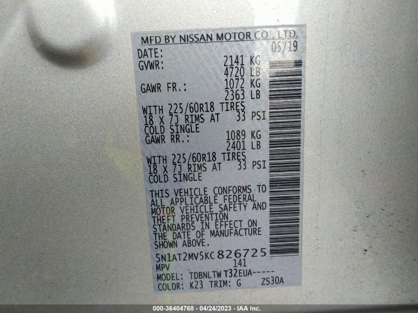 2019 NISSAN ROGUE SV - 5N1AT2MV5KC826725