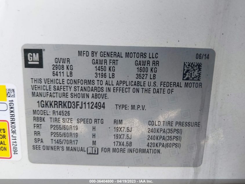 2015 GMC ACADIA SLT - 1GKKRRKD3FJ112494