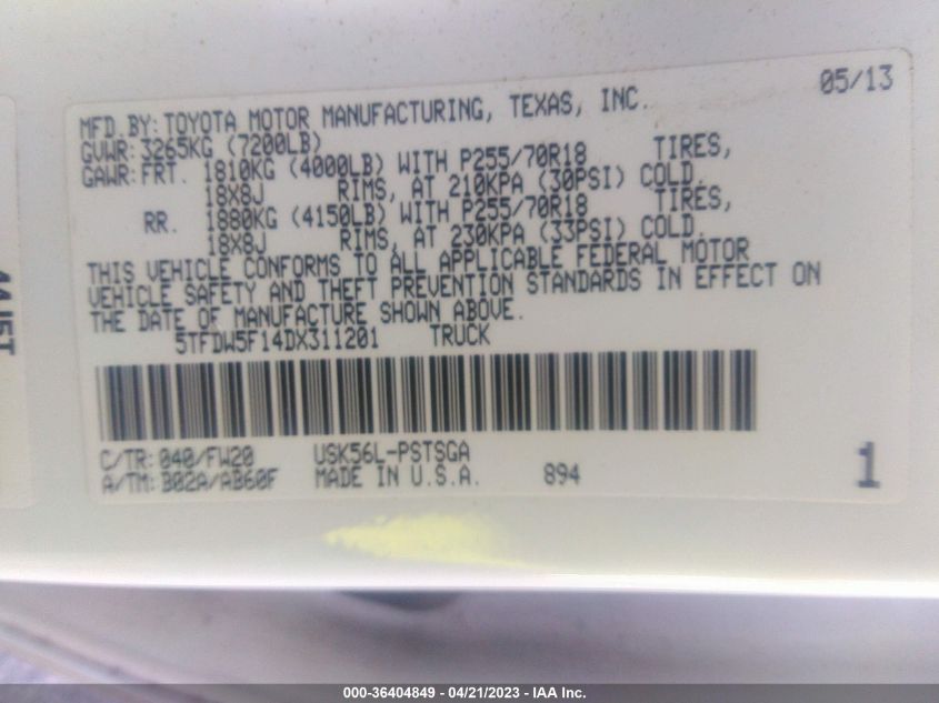 2013 TOYOTA TUNDRA 4WD TRUCK - 5TFDW5F14DX311201