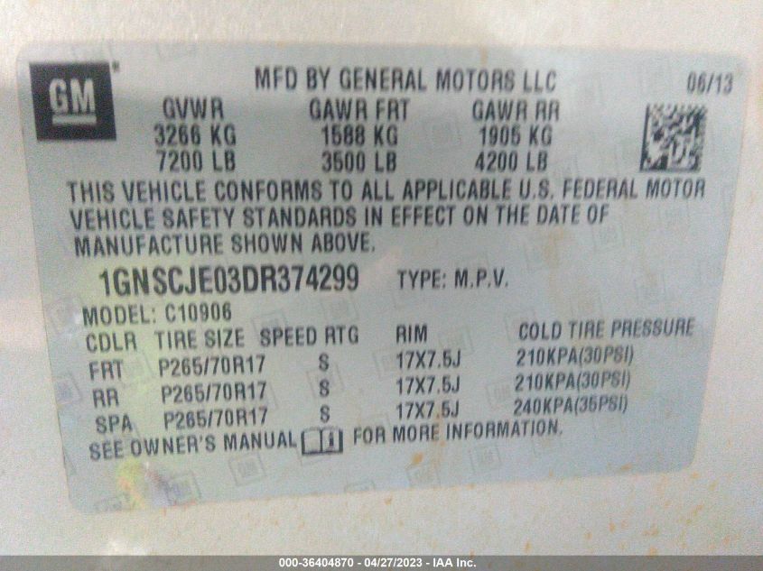 2013 CHEVROLET SUBURBAN LT - 1GNSCJE03DR374299