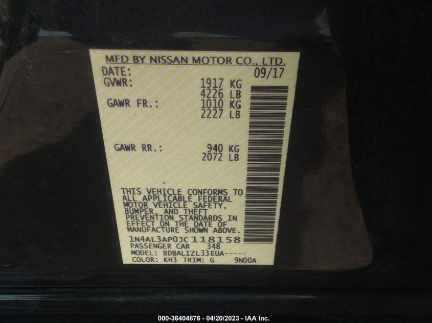 2018 NISSAN ALTIMA 2.5 SV - 1N4AL3AP0JC118158