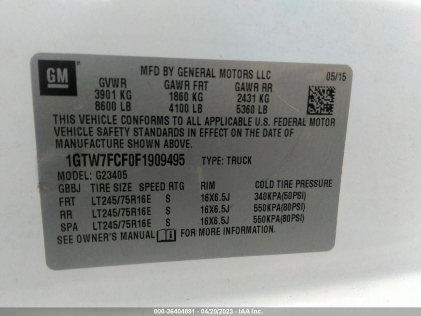 2015 GMC SAVANA CARGO VAN - 1GTW7FCF0F1909495