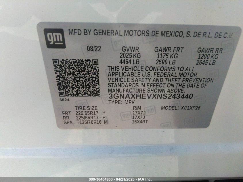 2022 CHEVROLET EQUINOX LS - 3GNAXHEVXNS243440