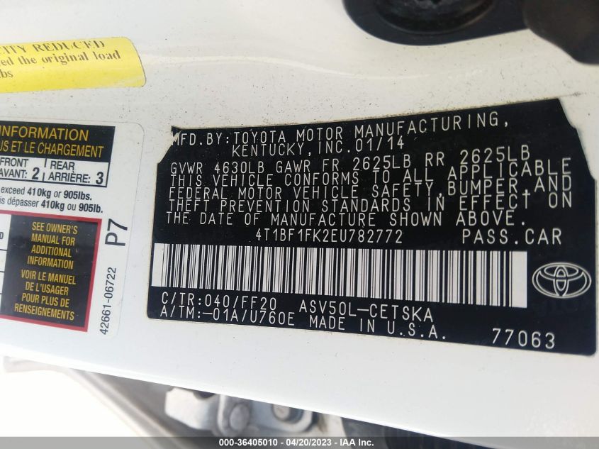 2014 TOYOTA CAMRY L/LE/XLE/SE/SE SPORT - 4T1BF1FK2EU782772