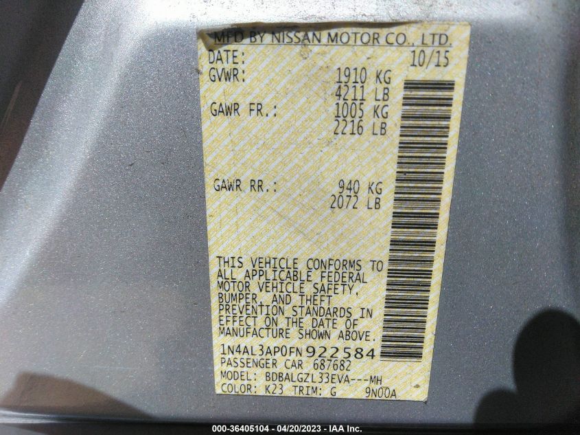 2015 NISSAN ALTIMA 2.5 S - 1N4AL3AP0FN922584