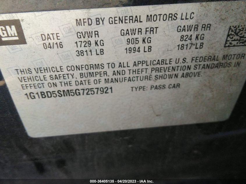 2016 CHEVROLET CRUZE LT - 1G1BD5SM5G7257921