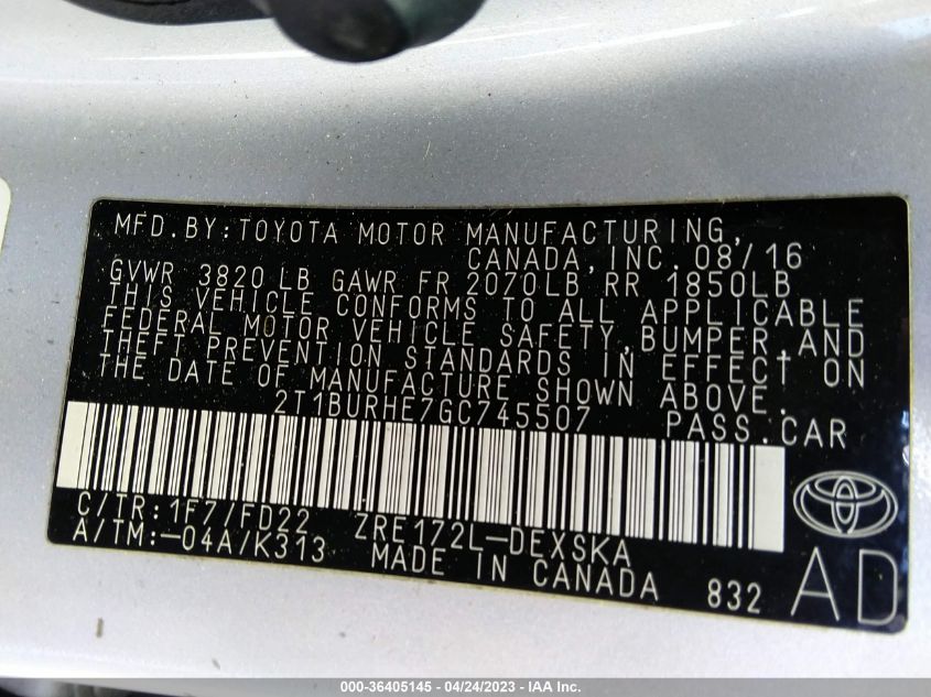 2016 TOYOTA COROLLA L/LE/S/S PLUS/LE PLUS - 2T1BURHE7GC745507