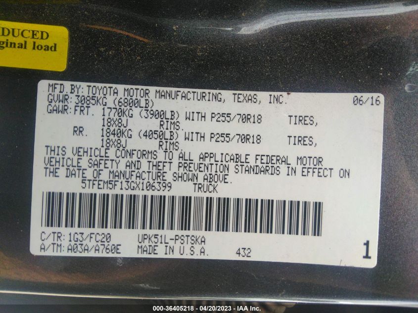 2016 TOYOTA TUNDRA 2WD TRUCK SR5 - 5TFEM5F13GX106399