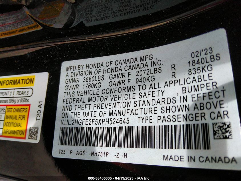 2023 HONDA CIVIC SEDAN SPORT - 2HGFE2F5XPH524645