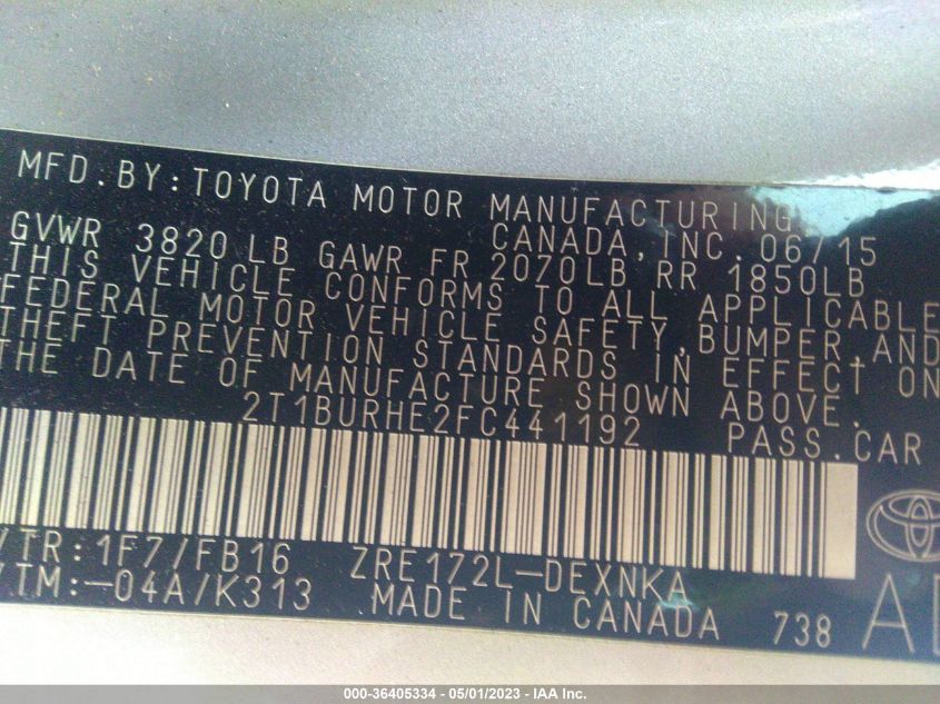 2015 TOYOTA COROLLA LE - 2T1BURHE2FC441192