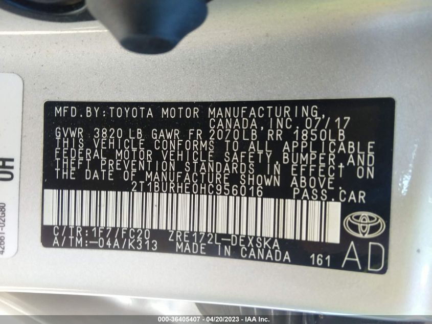 2017 TOYOTA COROLLA L/LE/XLE/SE - 2T1BURHE0HC956016