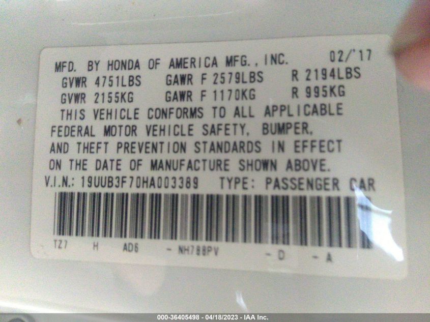 2017 ACURA TLX V6 W/ADVANCE PKG - 19UUB3F70HA003389