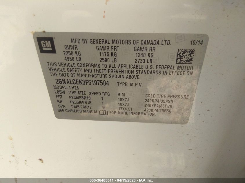 2015 CHEVROLET EQUINOX LT - 2GNALCEK3F6197504