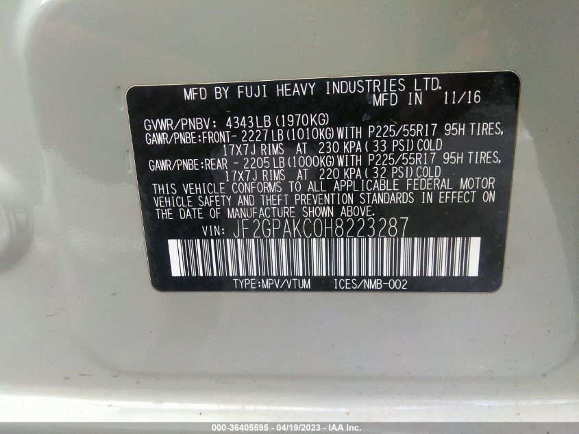 2017 SUBARU CROSSTREK LIMITED - JF2GPAKC0H8223287